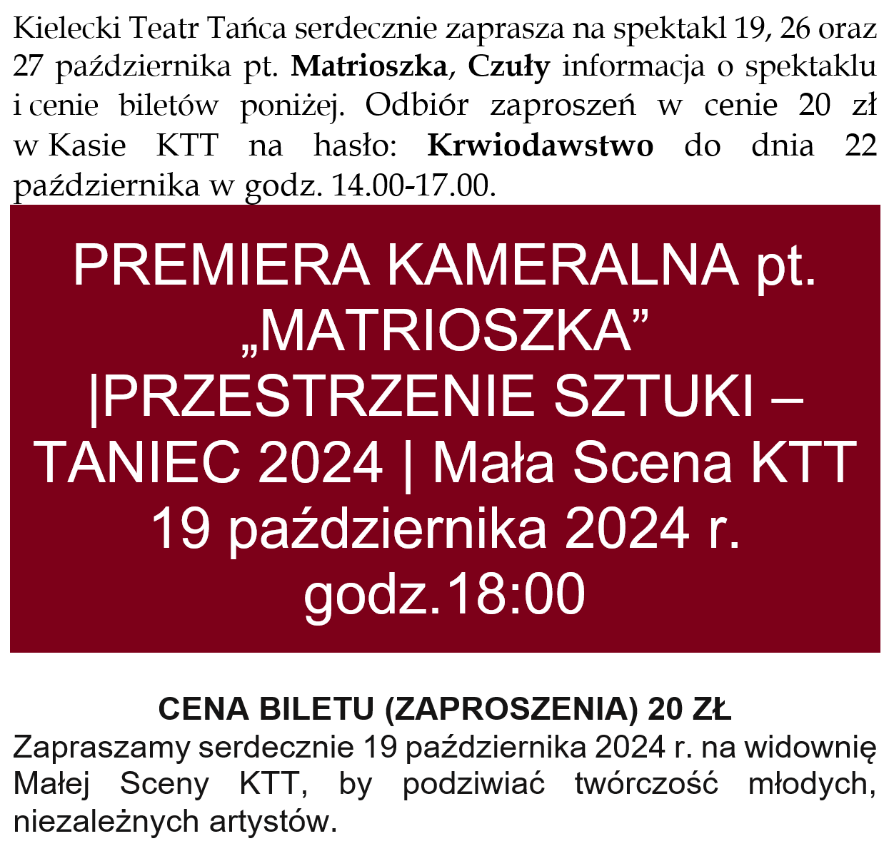 Zniżkowe bilety do Kieleckiego Teatru Tańca dla Krwiodawców