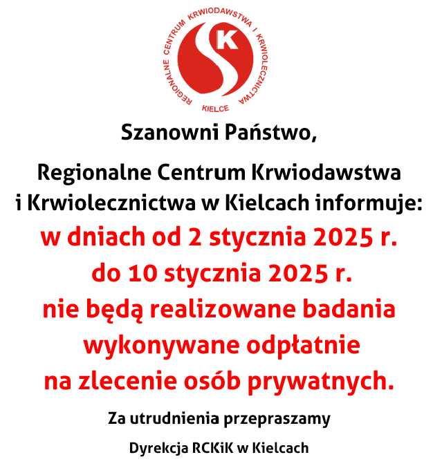 Przerwa w wykonywaniu badań odpłatnych od 2.01.2025 do 10.01.2025 r.